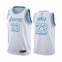 LeBron James Los Angeles Lakers Blanco City Edition New Blue Silver Logo 2020-21 Camisetas