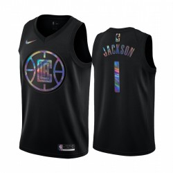 La Clippers Reggie Jackson # 1 Camisetas Iridiscente Holográfico Negro Edición Limitada