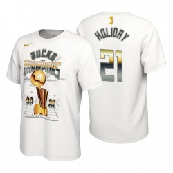 Nike Milwaukee Bucks 2021 NBA Finals Champions Jrue Holiday & 21 Celebración expresiva Blanco camiseta
