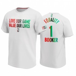 Devin Booker Iguality Suns amor nuestro valor de juego Nuestras vidas Social Justice Tee Blanco