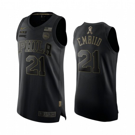 Joel Embiid Philadelphia 76ers 2020 saludo para servir camisetas auténticas negras