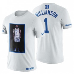 Duque de los hombres Azul Devils Zion Williamson Top Pick & 1 Player Art Blanco Camiseta