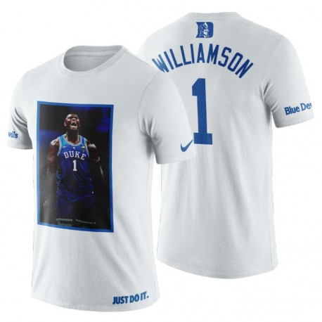 Hombres Duque Azul Devils Zion Williamson Freshmen & 1 Player Art Blanco Camiseta