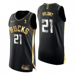 Milwaukee Bucks & 21 Jrue Holiday 2021 Finales Champs Authentic Negro Camiseta Golden Edición