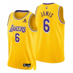2021-22 Los Ángeles Lakers LeBron James # 6 75 aniversario Diamante Diamante Gold Swingman Camiseta Icono