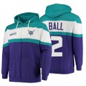 Charlotte Hornets No.2 Lamelo Ball Full-Zip Wordmark ColorBlock Hoodie Purple / Teal