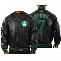 2021 Boston Celtics No. 7 Jaylen Brown Big& Tall All-Leather Full-Snap JH Design Negro Chaqueta